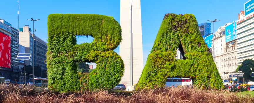 The Obelisk and BA garden letters on Avenida 9 de Julio, Buenos Aires, Argentina