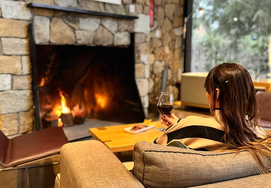 Cosy fireside lounge with stone fireplace at Design Suites Hotel Patagonia, Bariloche