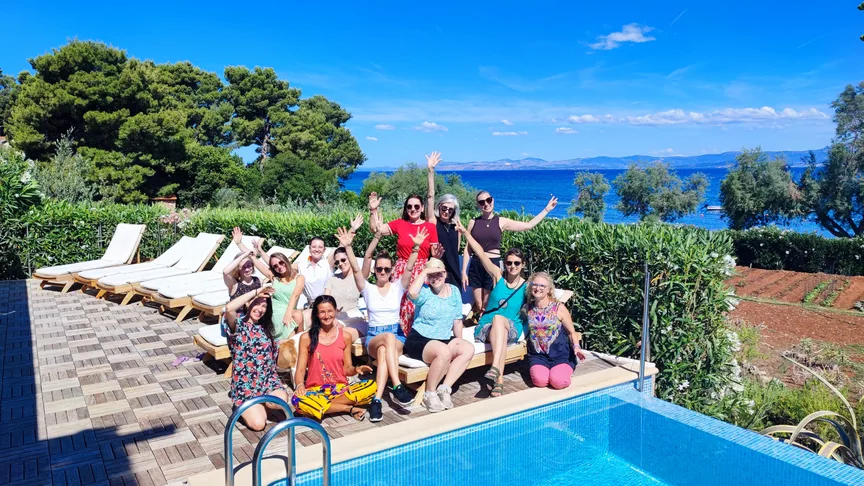 retreat group by the pool on Brač Island, Croatia
