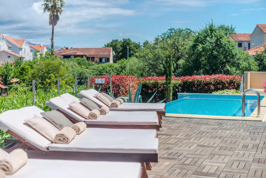 Pool sun loungers at Villa Gumonca, Brač Island Croatia