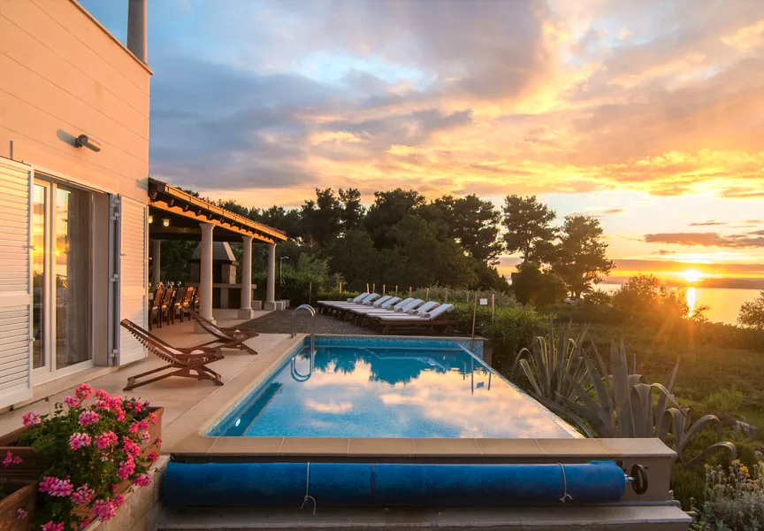 Sunset pool at Villa Gumonca with Adriatic views, Brač Island Croatia