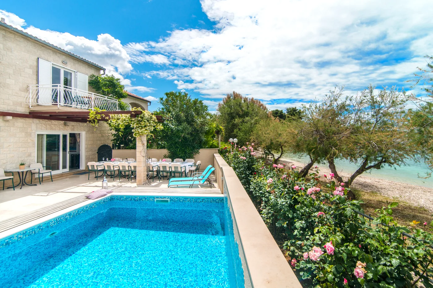 Villa Mirca pool and seafront dining terrace on the water, Brač Island, Croatia