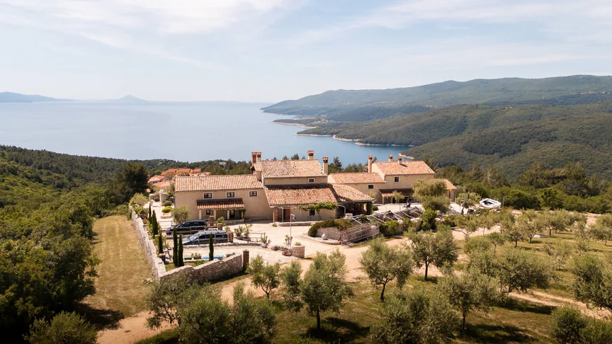 Aerial view of the villa estate with the Adriatic coast and bay, Boutique Guitar Retreat in Croatia with Henry Olsen