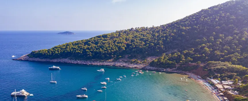 Aerial view of Šunj Beach, a sandy bay on Lopud Island, Croatia