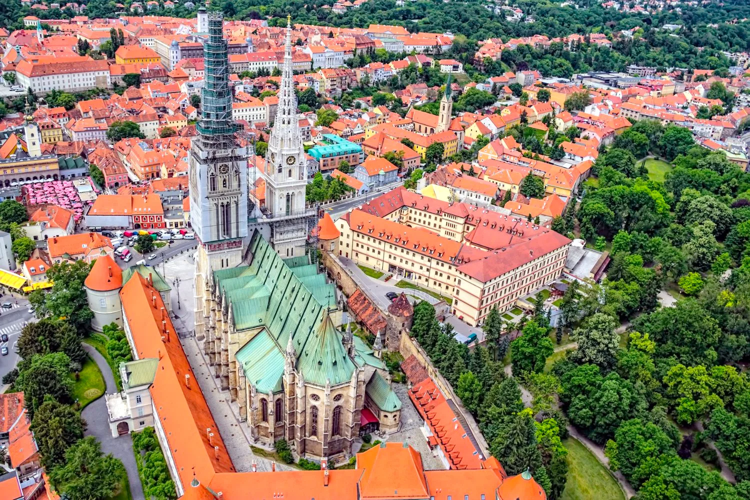 Aerial view of Zagreb cathedral and red-tiled rooftops, Croatia