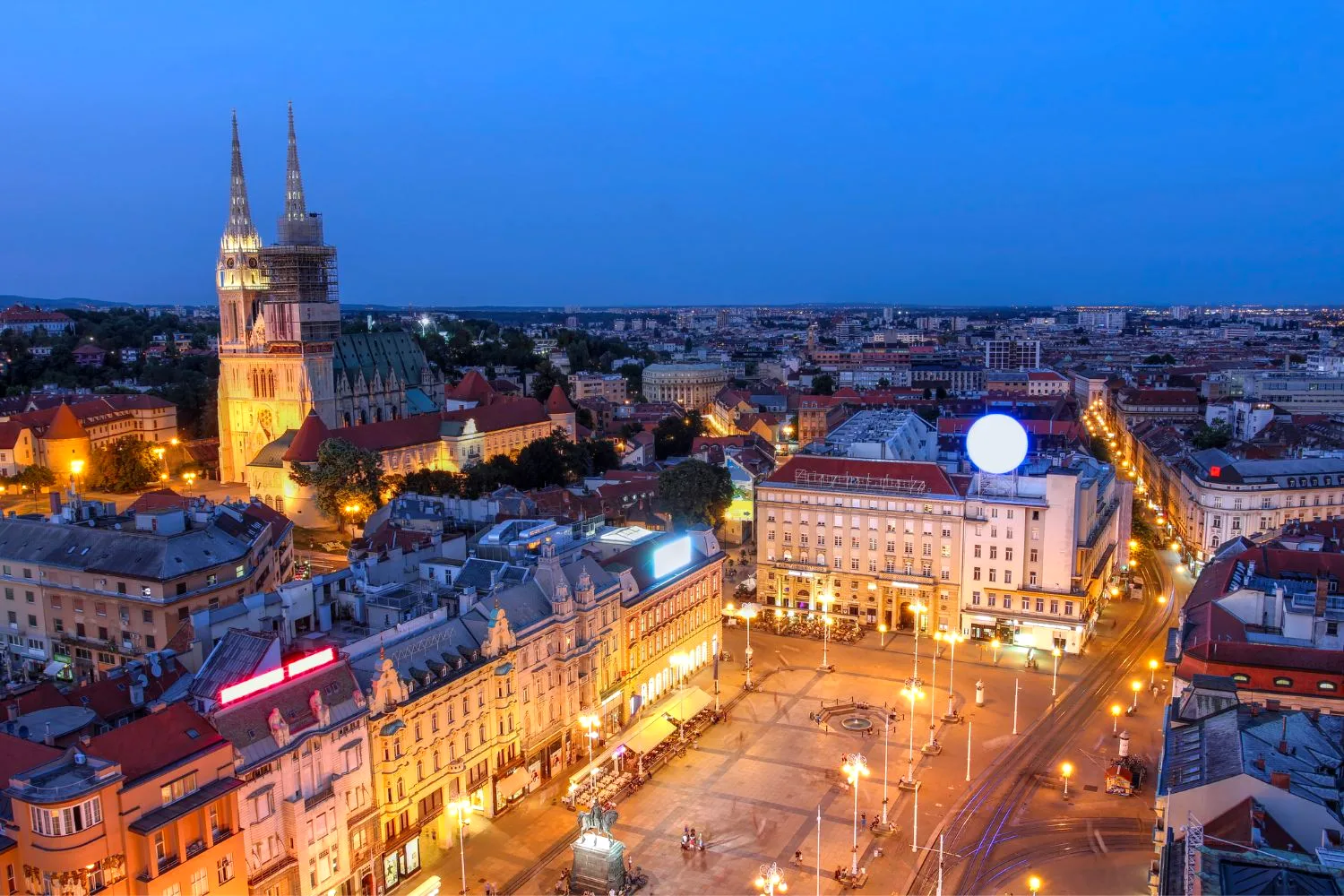 Zagreb old town main square and cathedral at dusk, Croatia