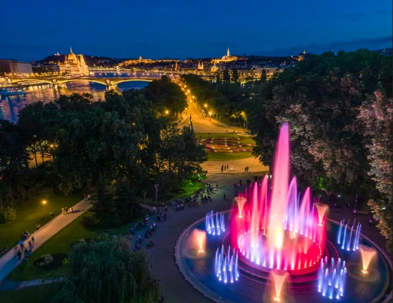 Margaret Island's musical fountain lit up at night, Budapest