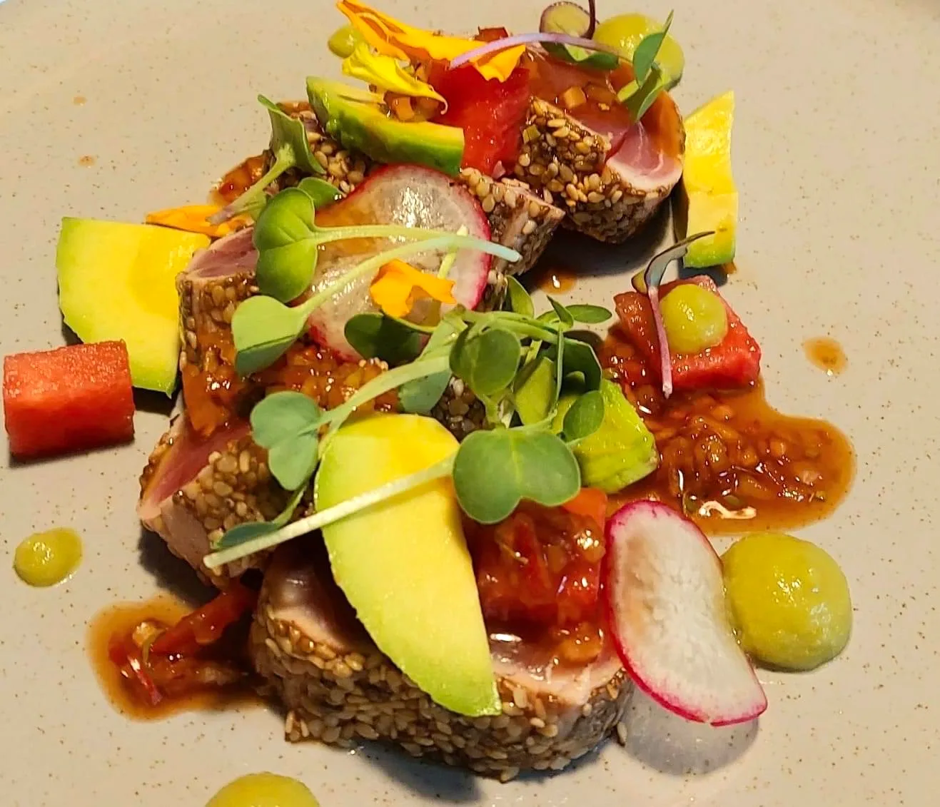 Sesame-crusted tuna plated with avocado and radish at the Oodles villa, Spain
