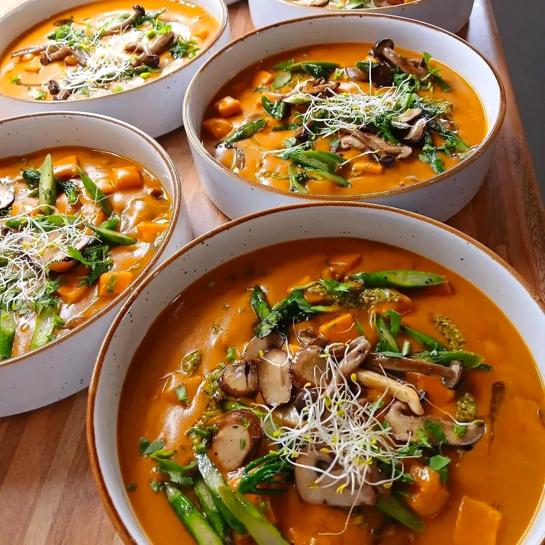 Sweet potato and coconut stew with mushrooms and roasted asparagus, served at the Oodles villa, Spain