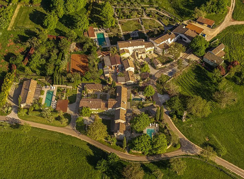 Aerial view of the stone villa estate among vineyards, Istrian Peninsula retreat Croatia