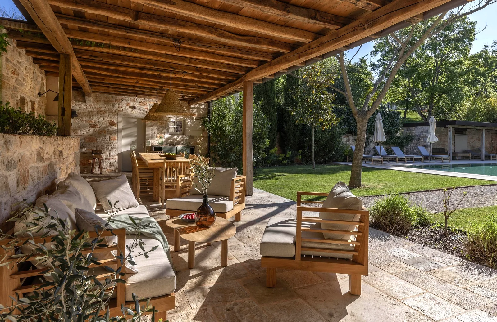 Covered garden pergola with outdoor seating at Villas Prašćari, Istria, Croatia
