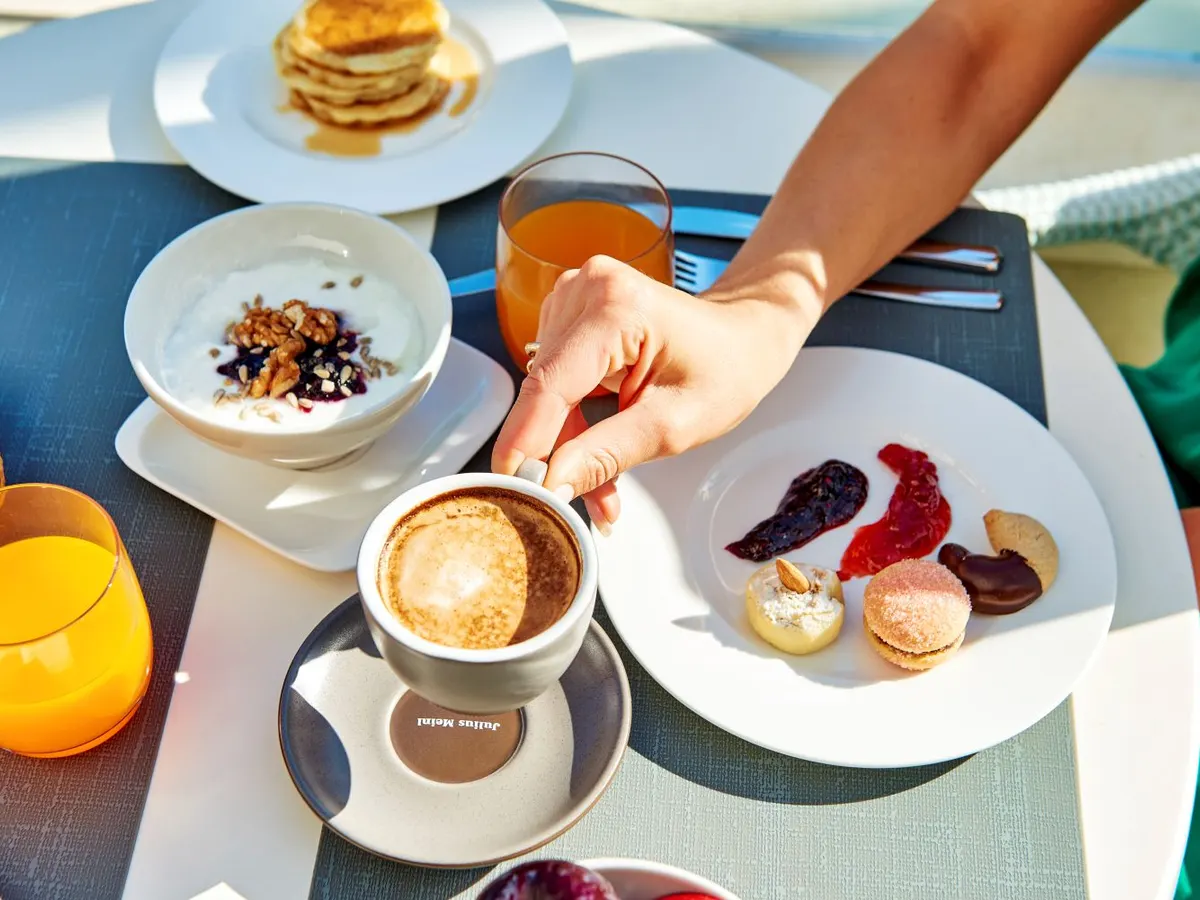 Coffee and pastries served on the terrace at Hilton Lopud Beach Resort, Croatia
