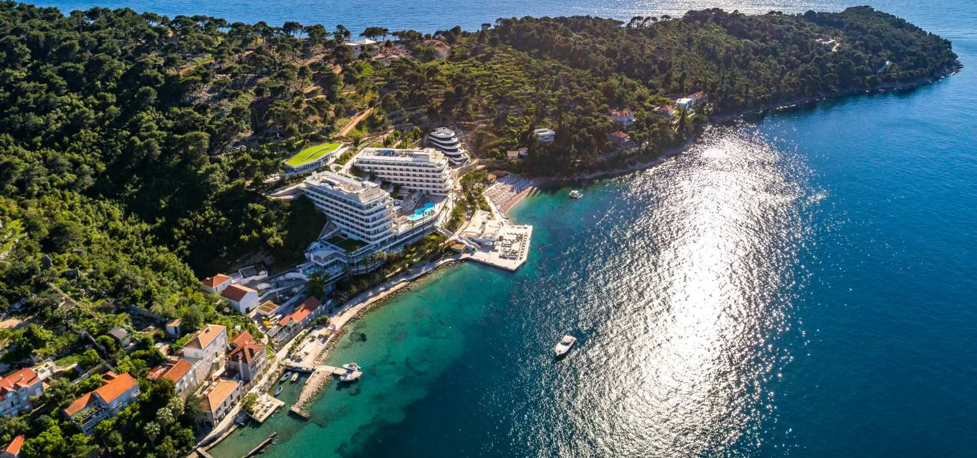 Aerial view of Hilton Lopud Beach Resort on the Lopud Island coastline, Croatia