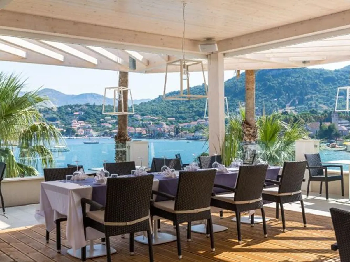 Panoramic terrace overlooking the bay at Hilton Lopud Beach Resort, Croatia