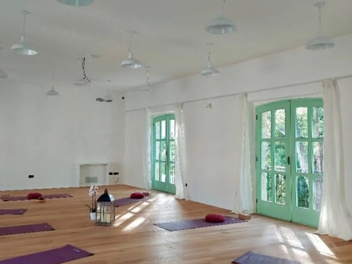 The 100 square metre yoga and workshop hall with mats laid out at Hotel Balatura, Croatia