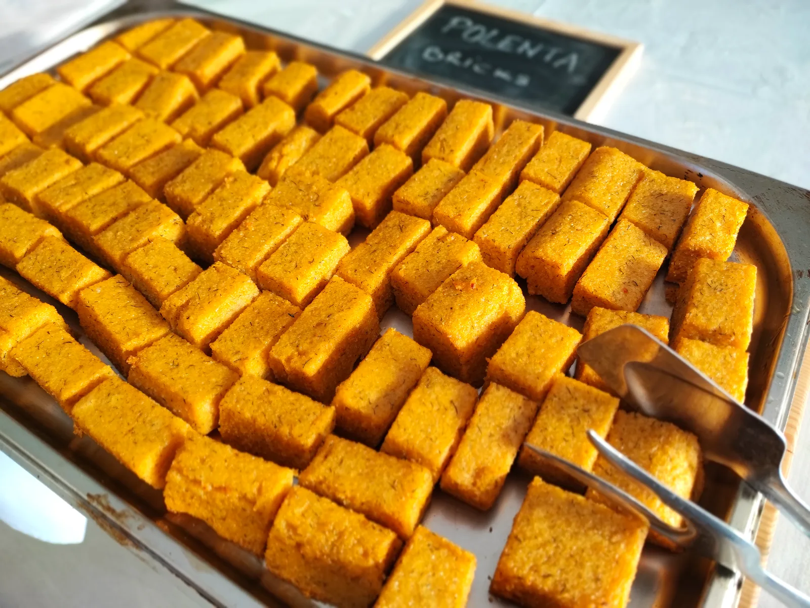 Tray of polenta bites on the buffet at B&B Dela, Hvar Town, Croatia