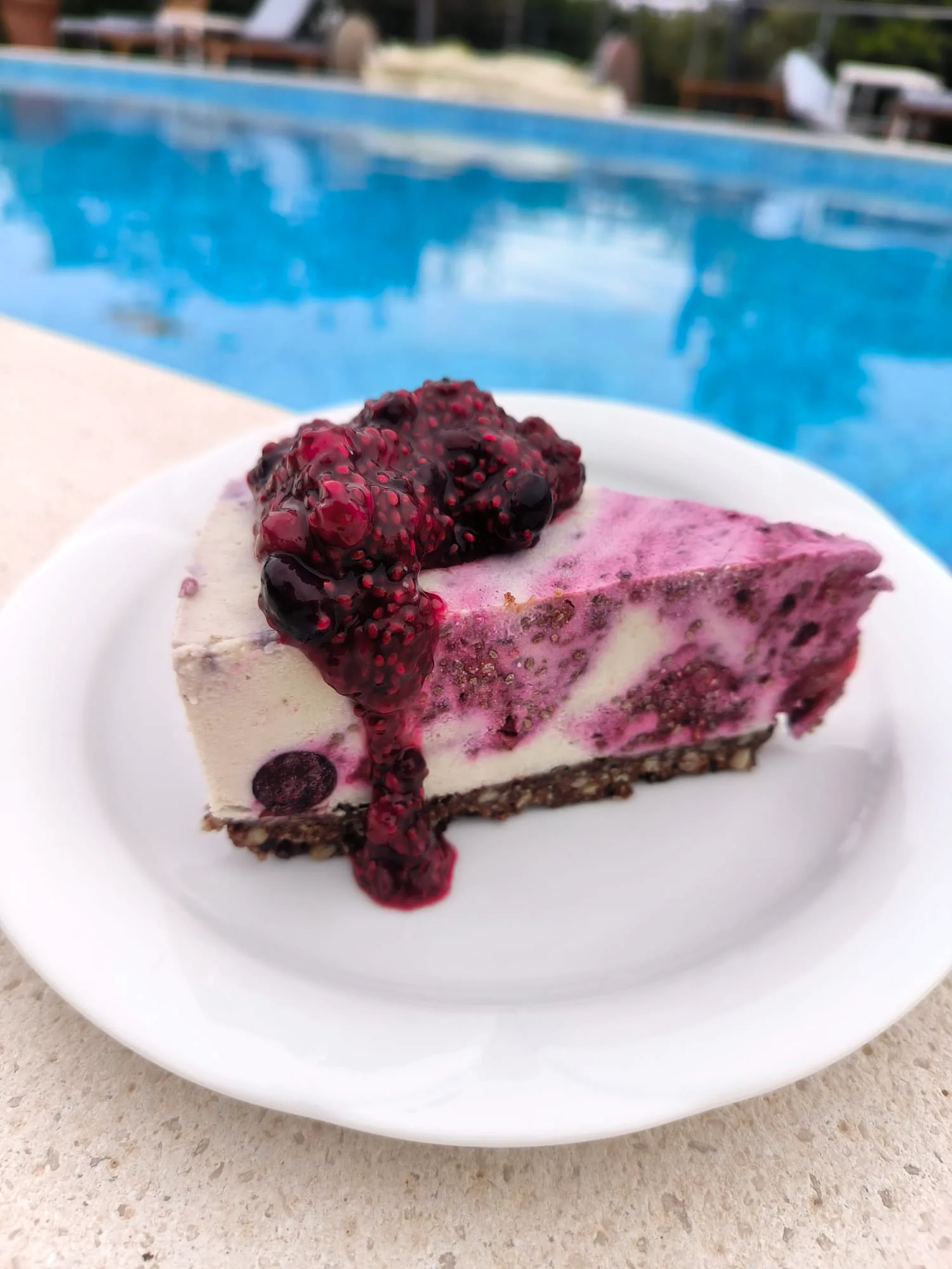 Raw berry cheesecake served beside the pool at B&B Dela, Hvar Town, Croatia