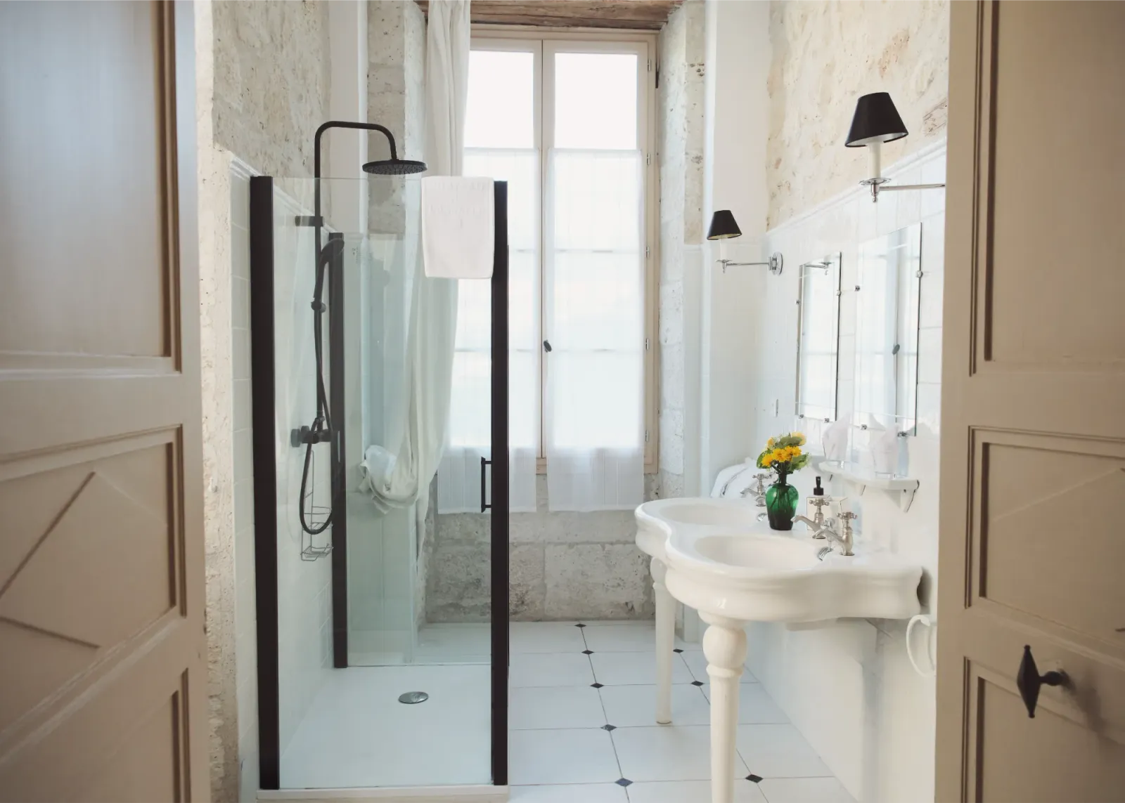 Ensuite bathroom with walk-in shower at Château de Lassalle, France