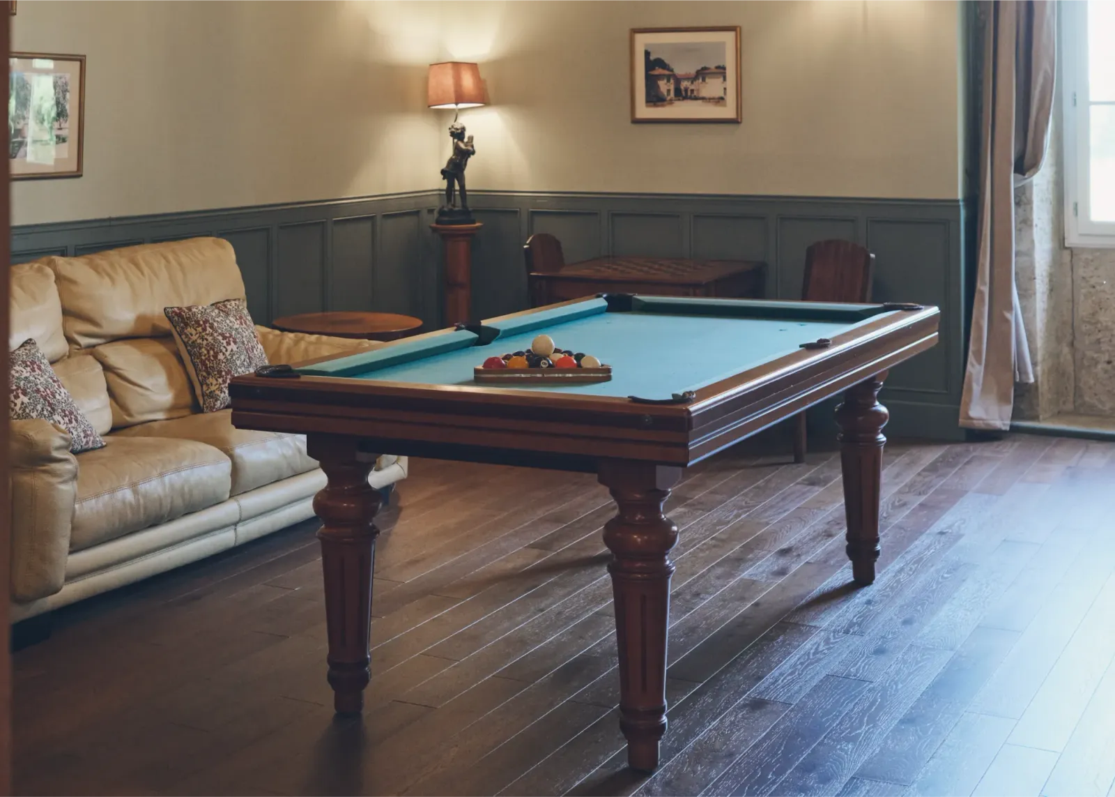 Games room with billiard table at Château de Lassalle, France