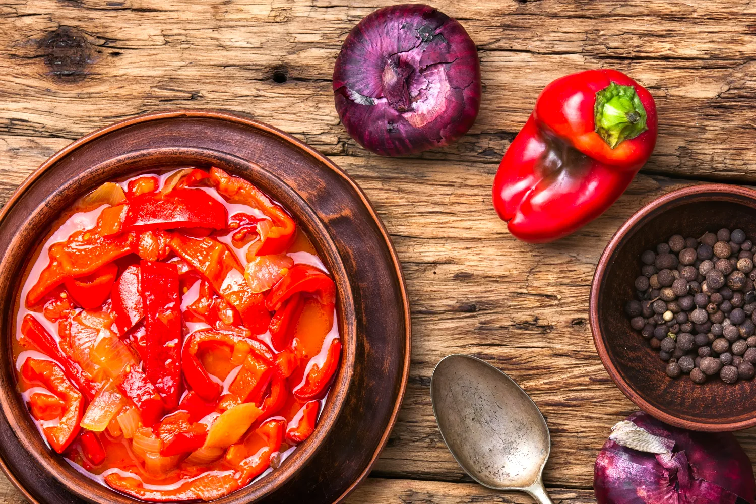 Hungarian lecsó — red pepper and onion stew, naturally vegetarian