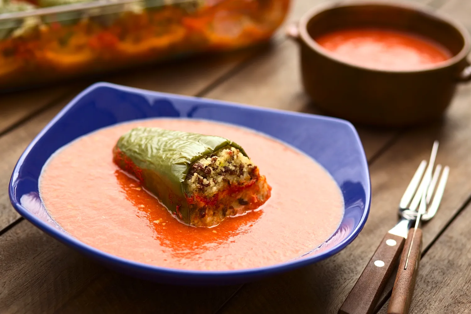 Vegetarian stuffed peppers in tomato sauce, a Hungarian classic made meat-free