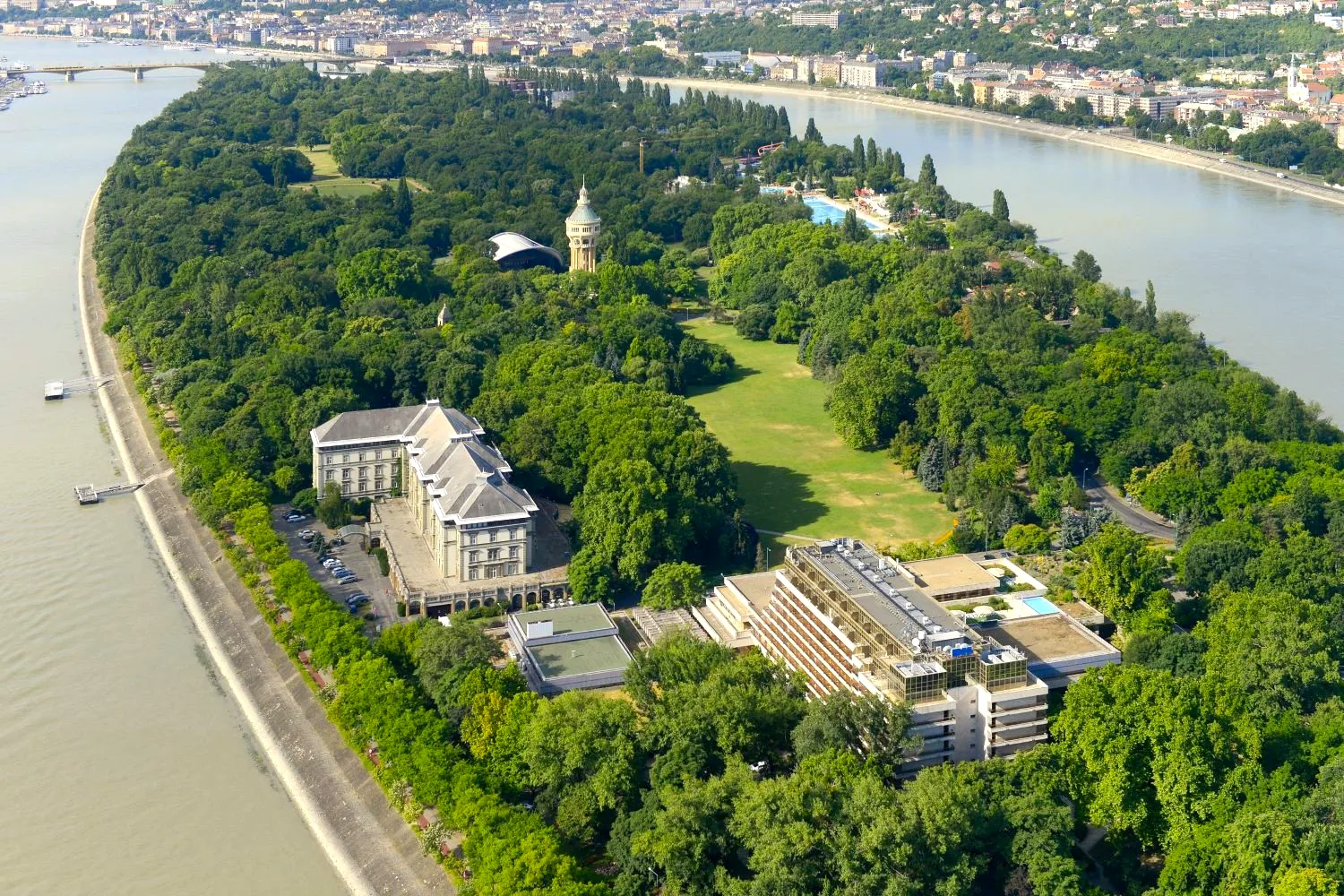 Aerial view of Margaret Island and the Ensana Thermal Margaret Hotel on the Danube, Budapest