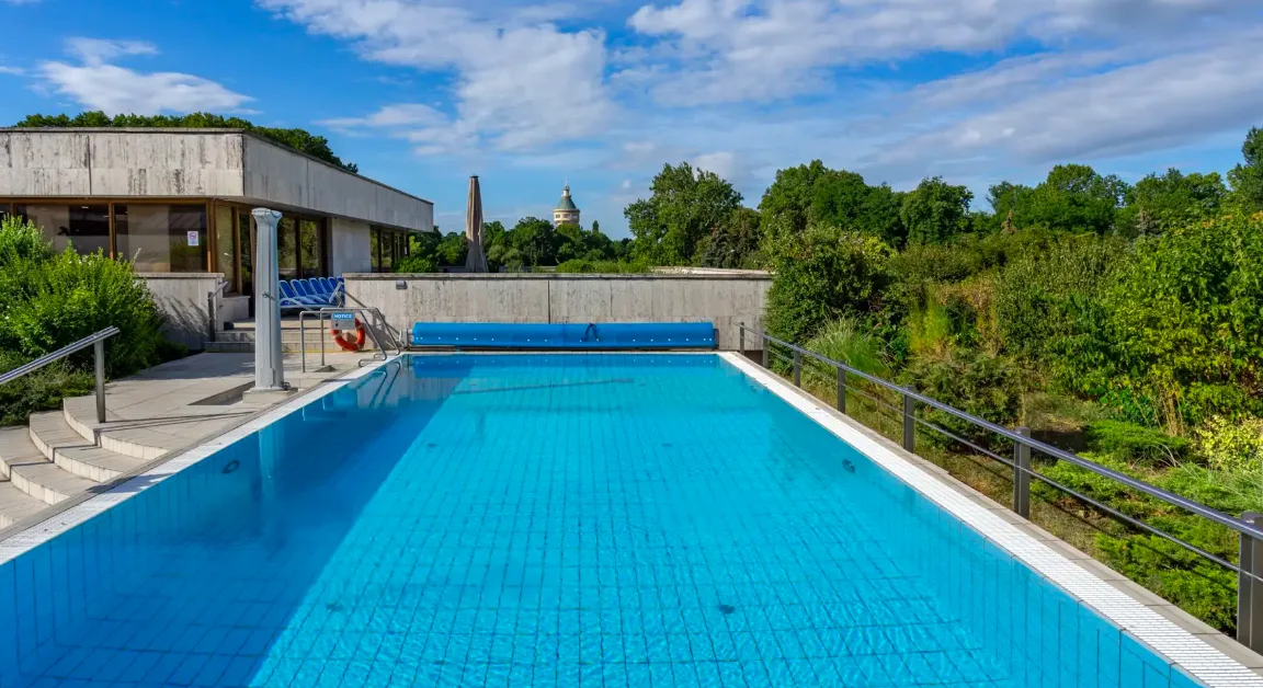 Ensana Thermal Margaret Hotel facade and outdoor pool, Margaret Island, Budapest