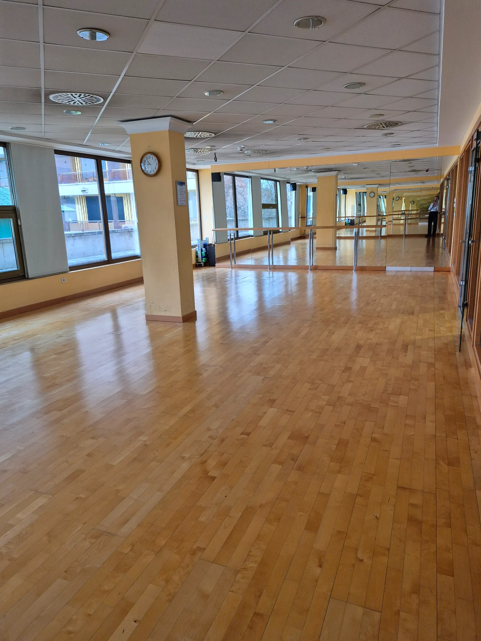 Mirrored yoga studio with ballet bar at Ensana Thermal Margaret Hotel, Budapest