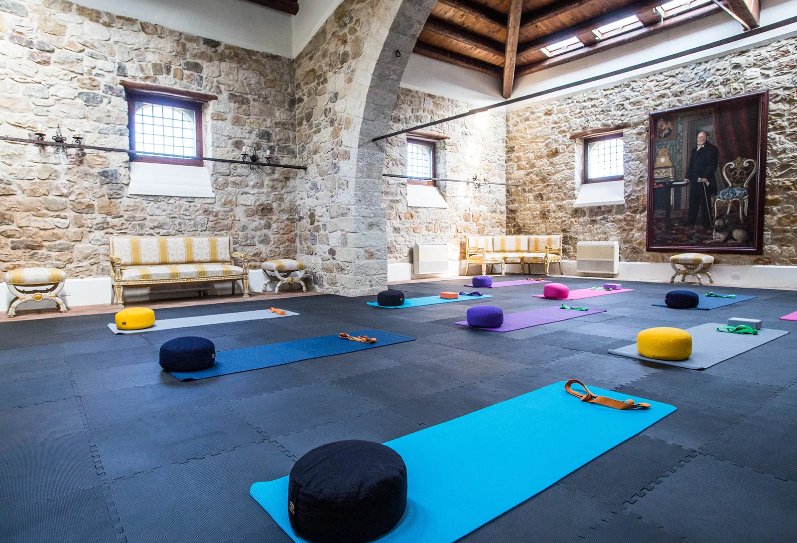 Yoga mats, bolsters and cushions in the barn yoga room at Sicilian Spirit, Sicily