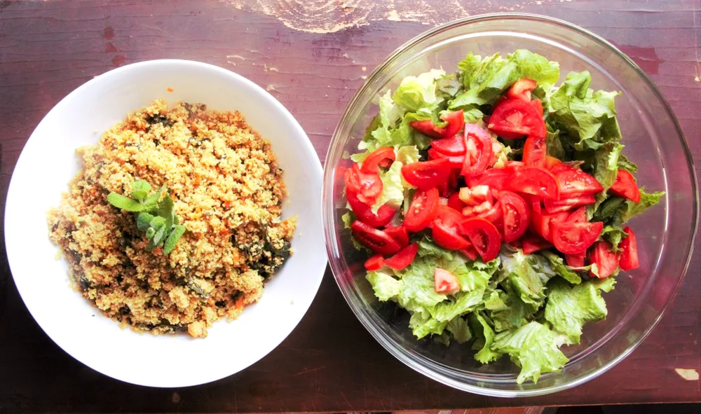 Couscous and fresh salad bowls at a retreat meal, Il Risveglio, Tuscany
