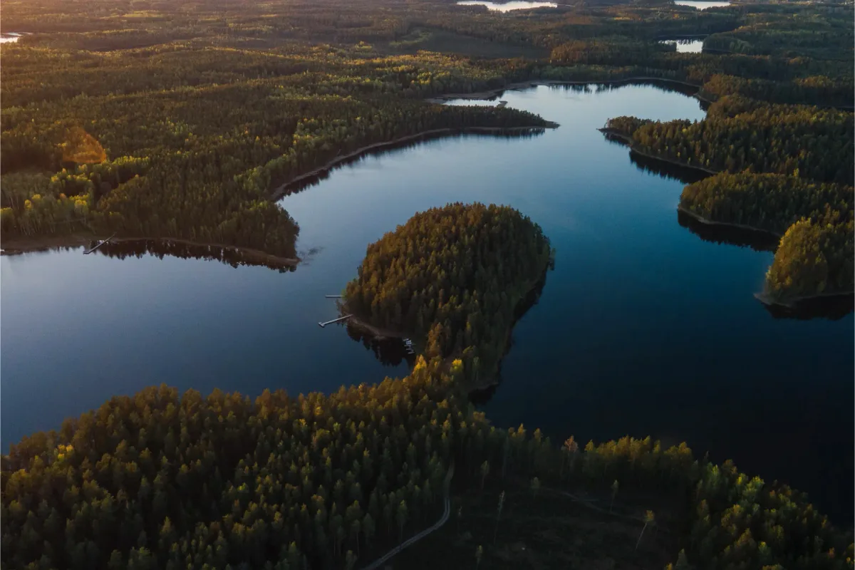 Aerial view of the interconnected lakes of Labanoras Forest surrounding Šiaurys Resort