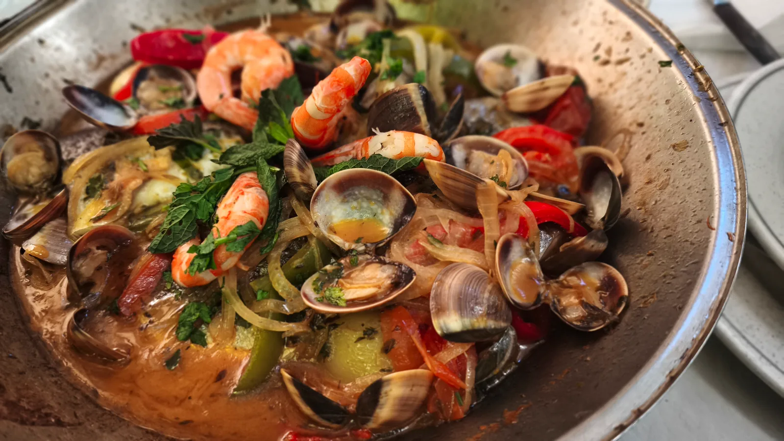 Seafood cataplana with shrimp and clams, a retreat dinner at Villa Vale a Pena, Algarve