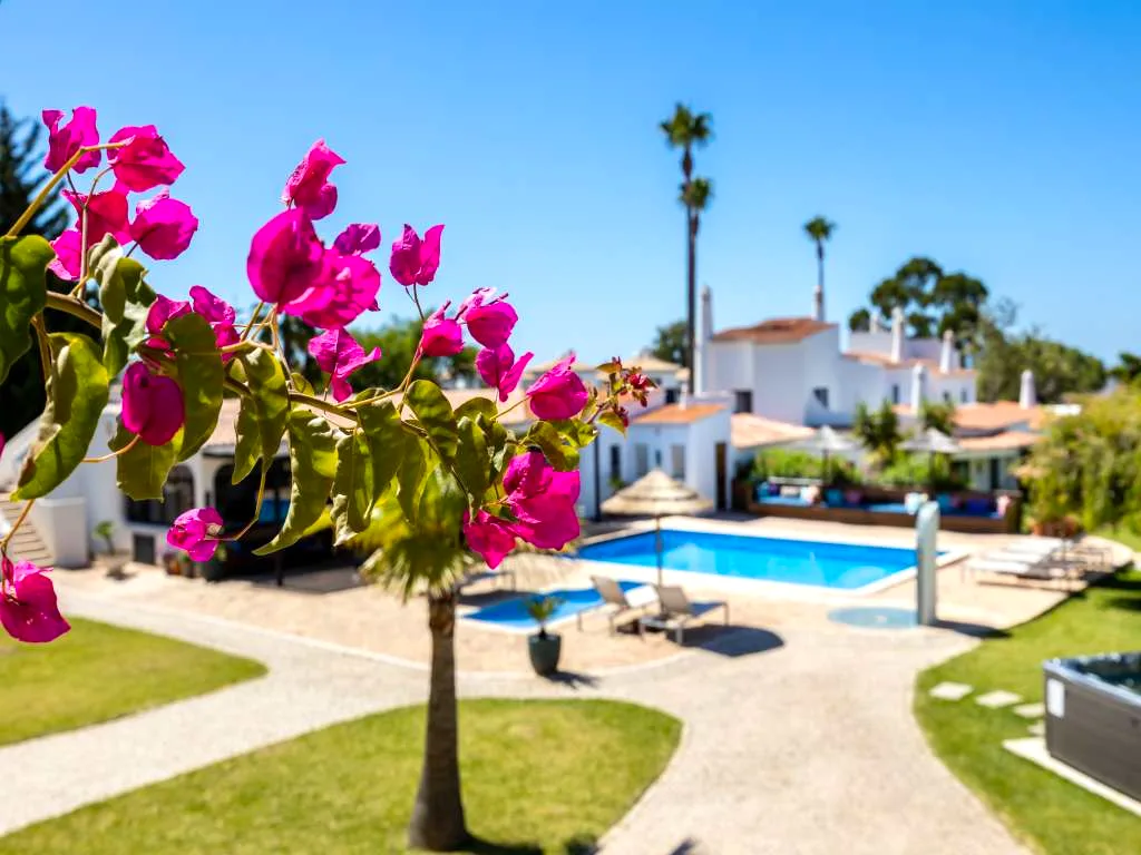 Bougainvillea in bloom overlooking the pool and garden at Villa Vale a Pena, Algarve