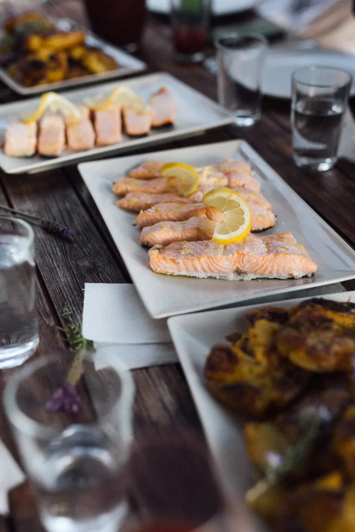 Grilled salmon with lemon served at dinner, Mallorca retreat