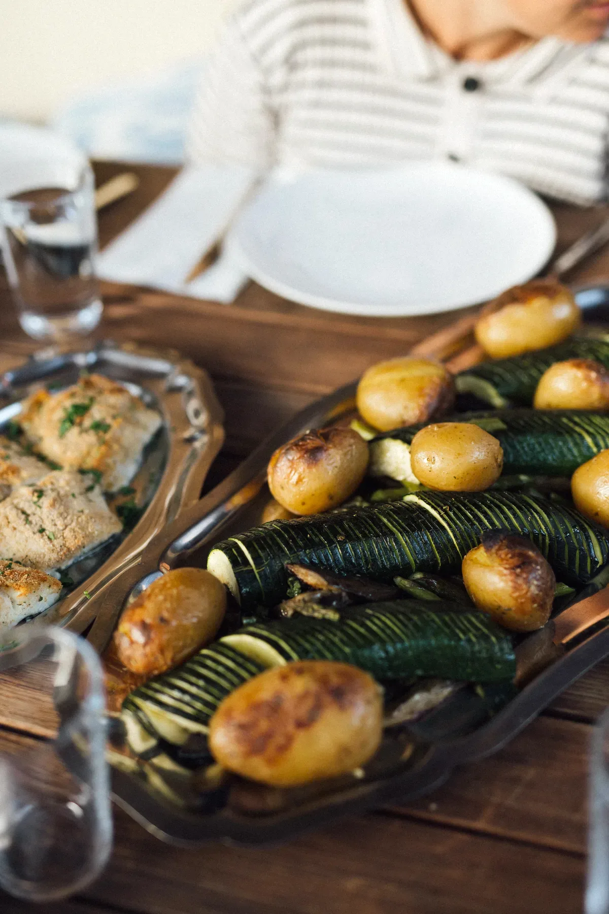 Grilled fish and vegetables served family-style at dinner, Finca Higo, Mallorca