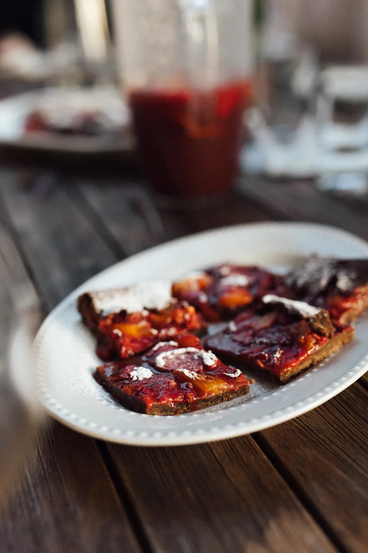 Homemade plum tart served for dessert at Finca Higo, Mallorca