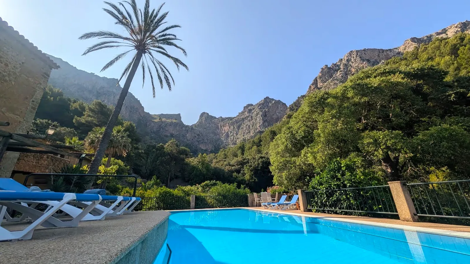 Aerial view of Finca Higo, its pool and the sea beyond, Mallorca