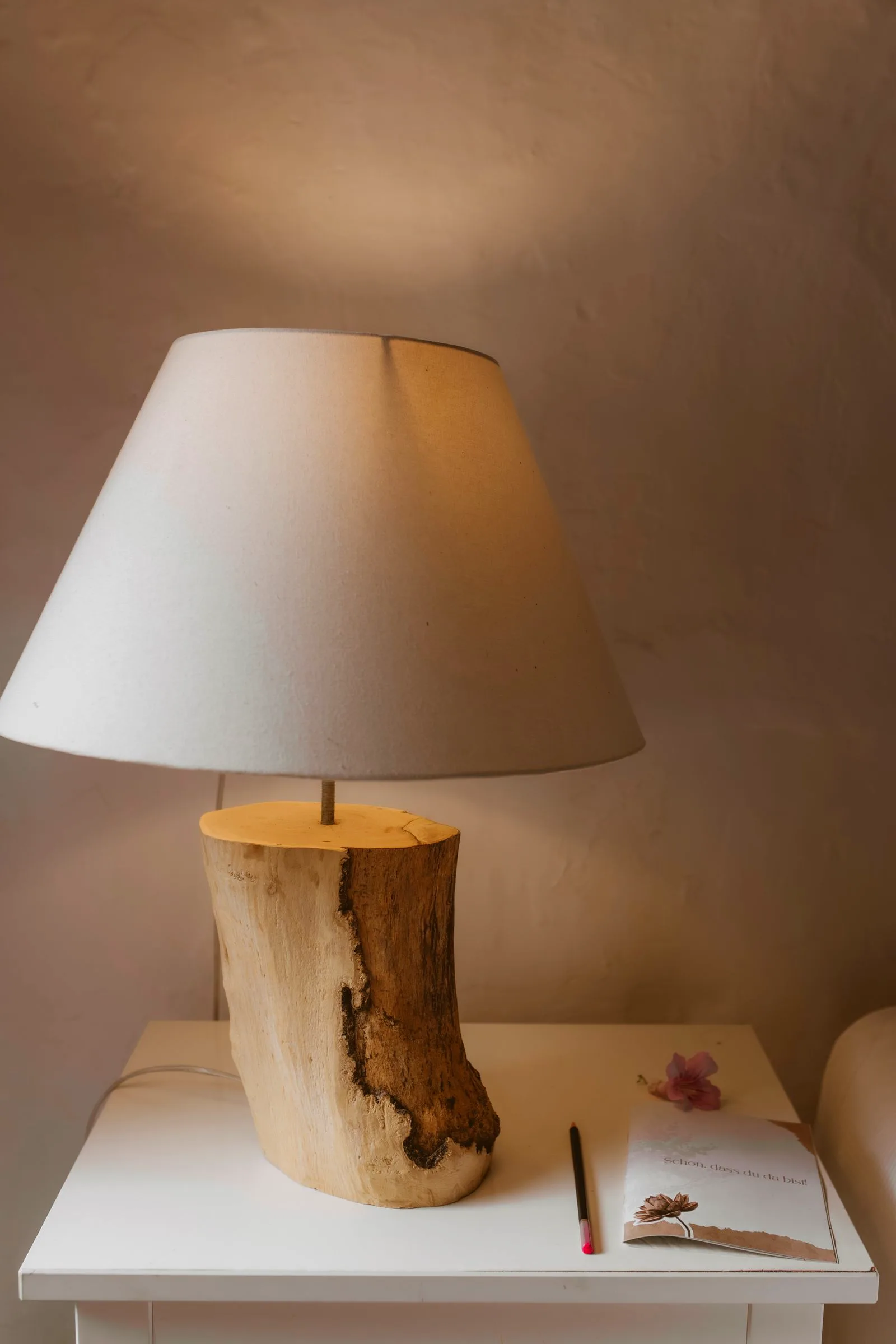 Handcrafted driftwood bedside lamp at Finca Higo, Mallorca