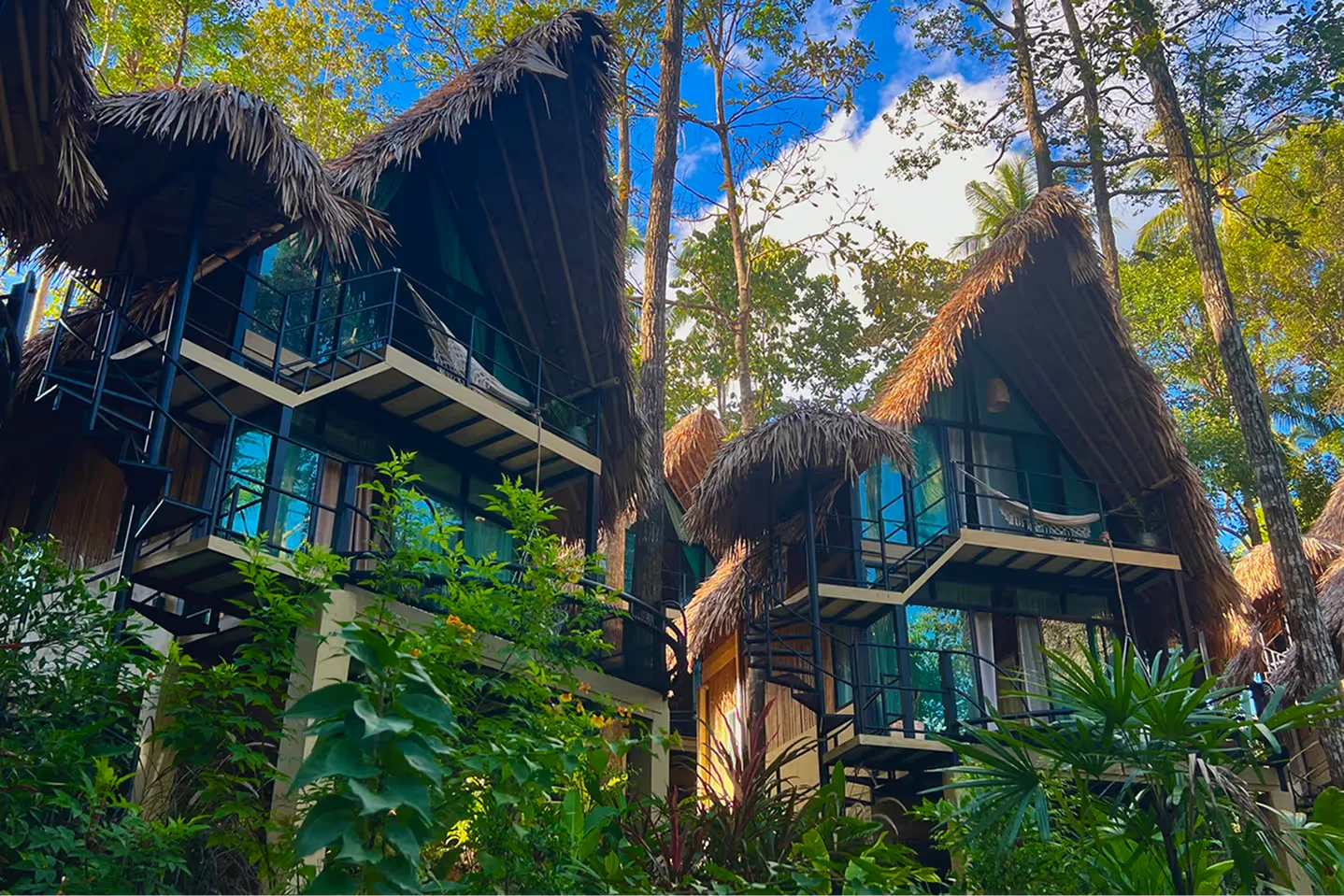 Thatched treehouse bungalows rising through the jungle canopy at Shivari, Koh Phangan