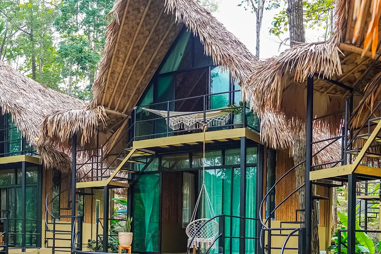 Close-up of a thatched bungalow roof at Shivari, Koh Phangan