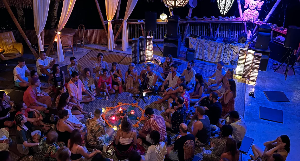 Candlelit evening ceremony circle at Shivari, Koh Phangan
