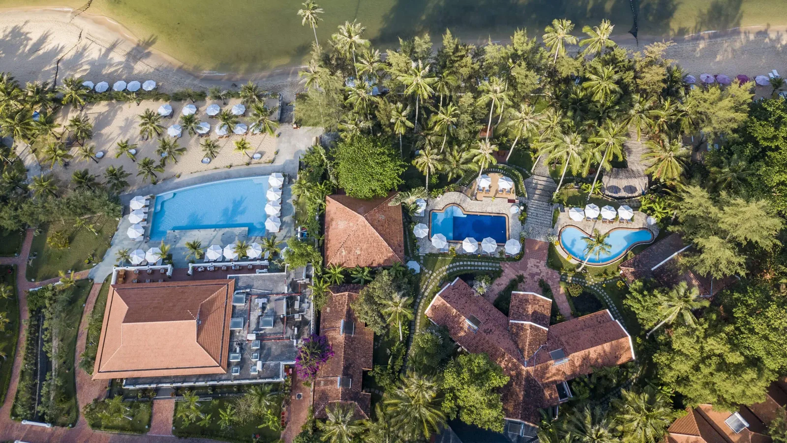 Aerial view of Cassia Cottage, a beachfront resort on Phu Quoc Island, Vietnam