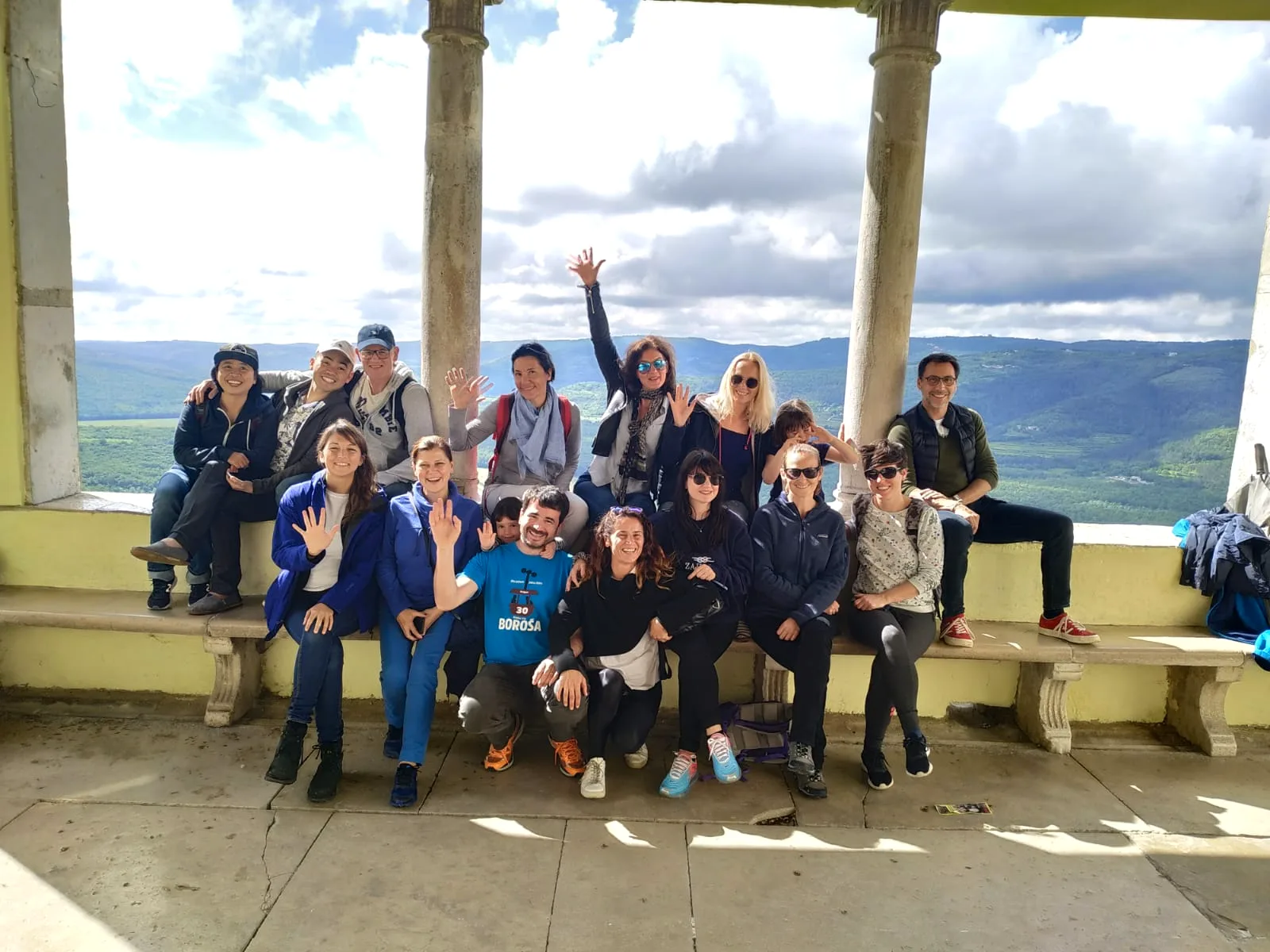 Retreat group at a hilltop pavilion overlooking the Istrian countryside, Croatia