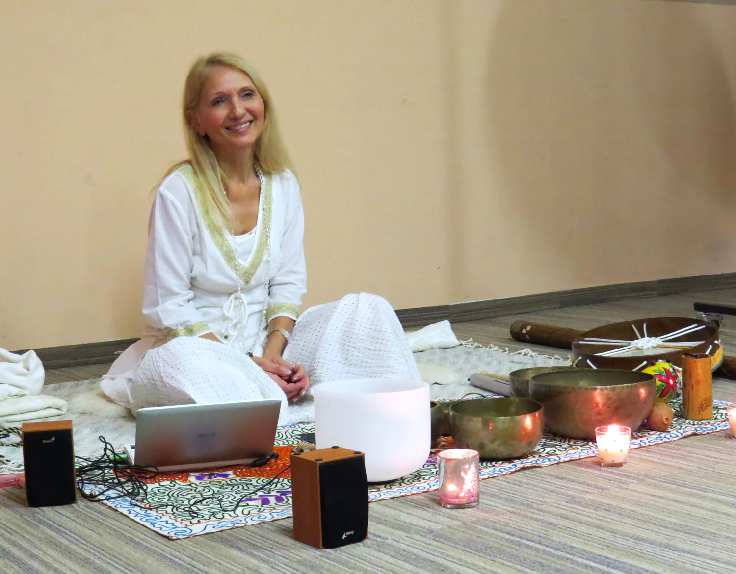 Dragica Kopjar with singing bowls at the Kundalini retreat, Zagreb, Croatia